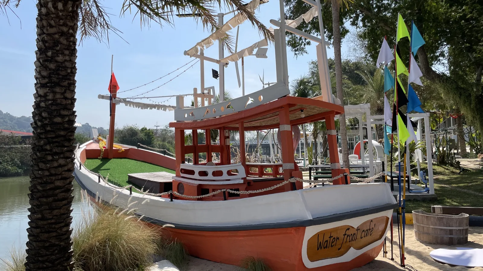 The painted fishing boat at Water Front Café by the fishing harbour in Ban Krut